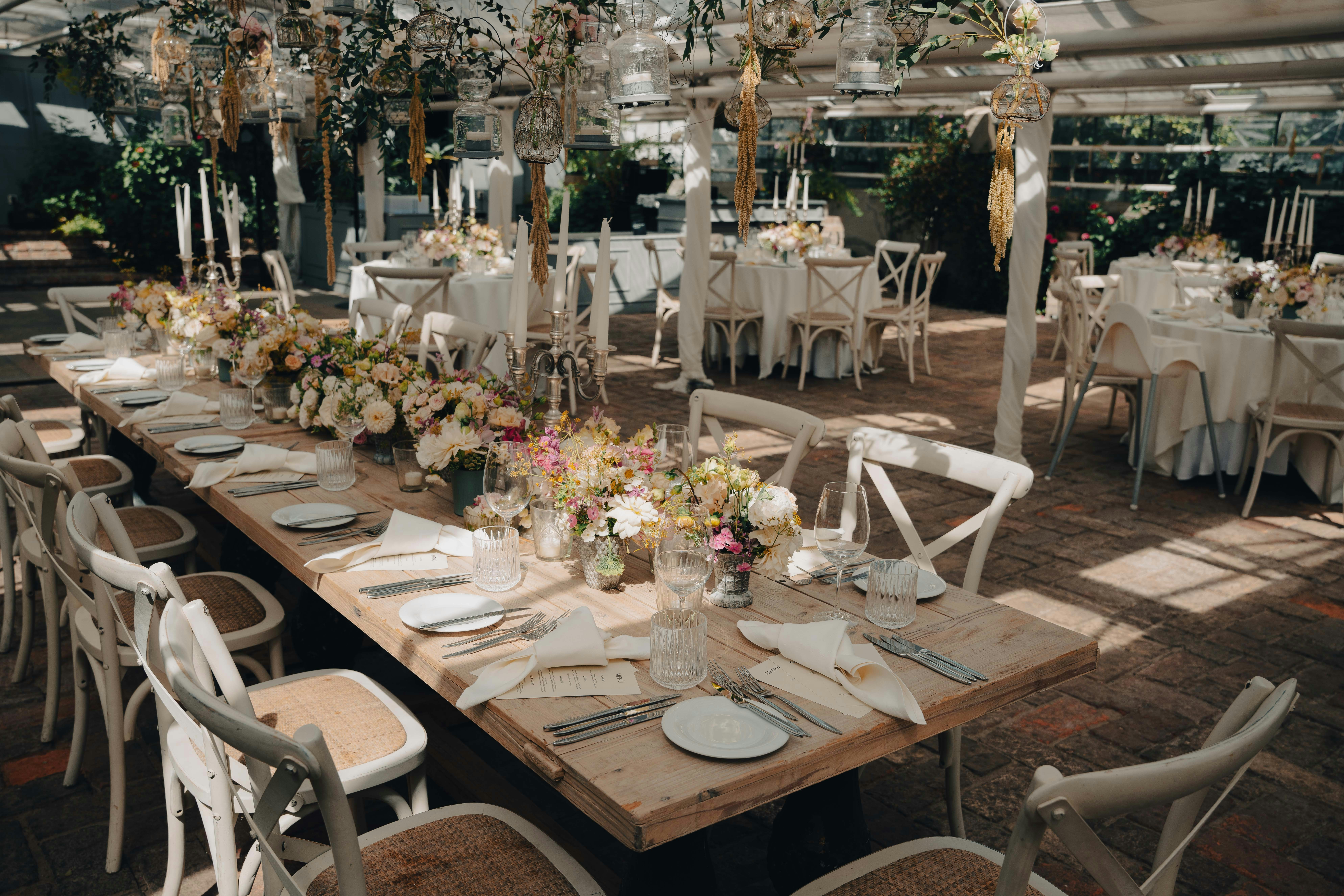 Luxury ballroom layout featuring polished white resin options and crystal displays